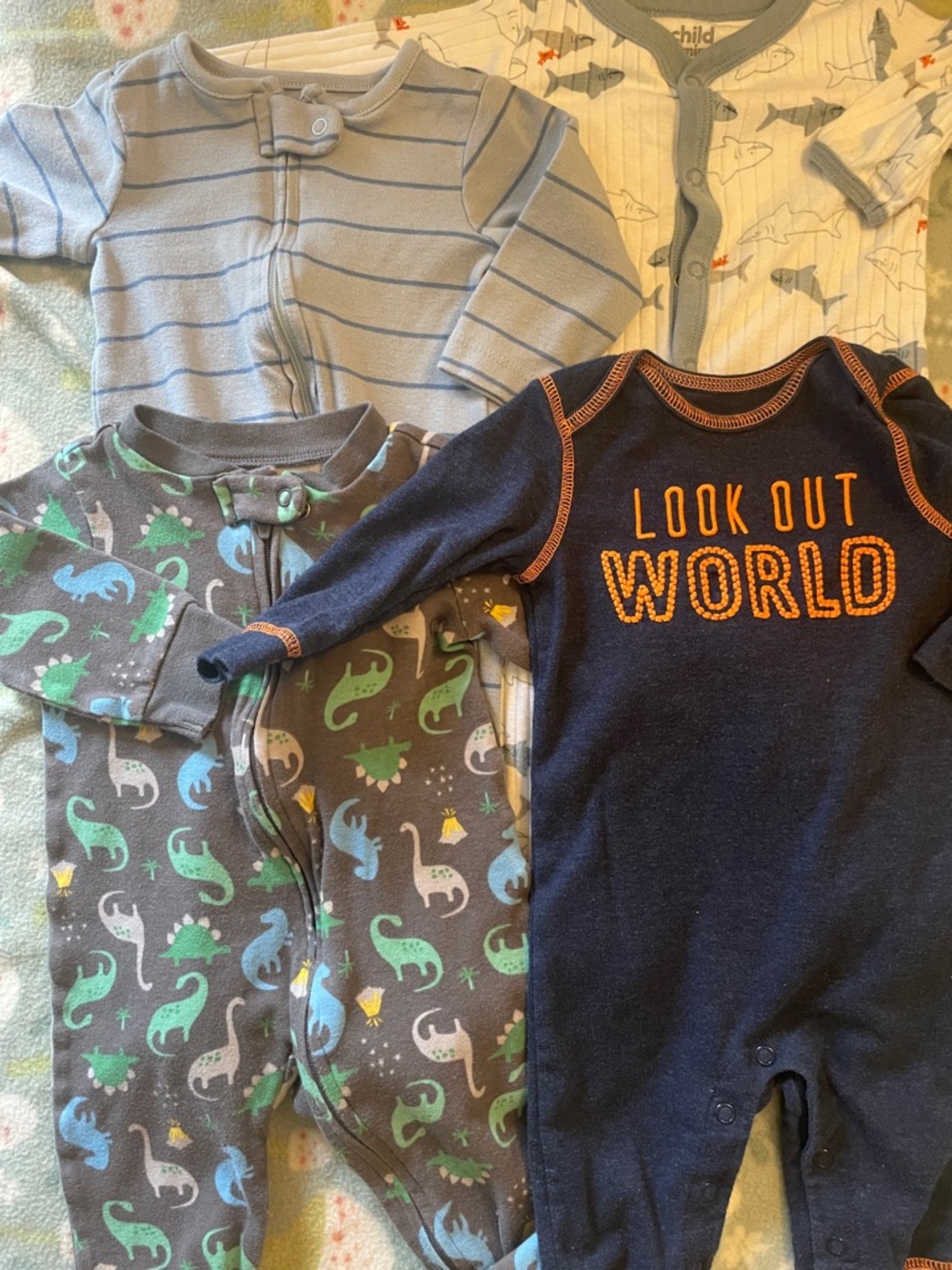 4xCarter's Navy Blue 'Look Out World' and Multicolor Dinosaur & Striped Sleepers